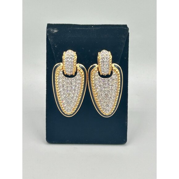 Swarovski Swan Signed Statement Clip Earrings Crystals Pave Gold & Black Enamel - Picture 2 of 10